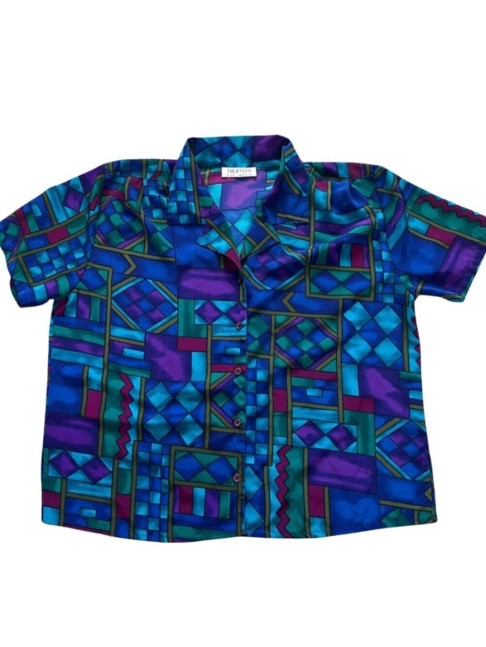 Truffles Women’s Vintage Geometric Multicolor Short Sleeve Button Top - Size XL